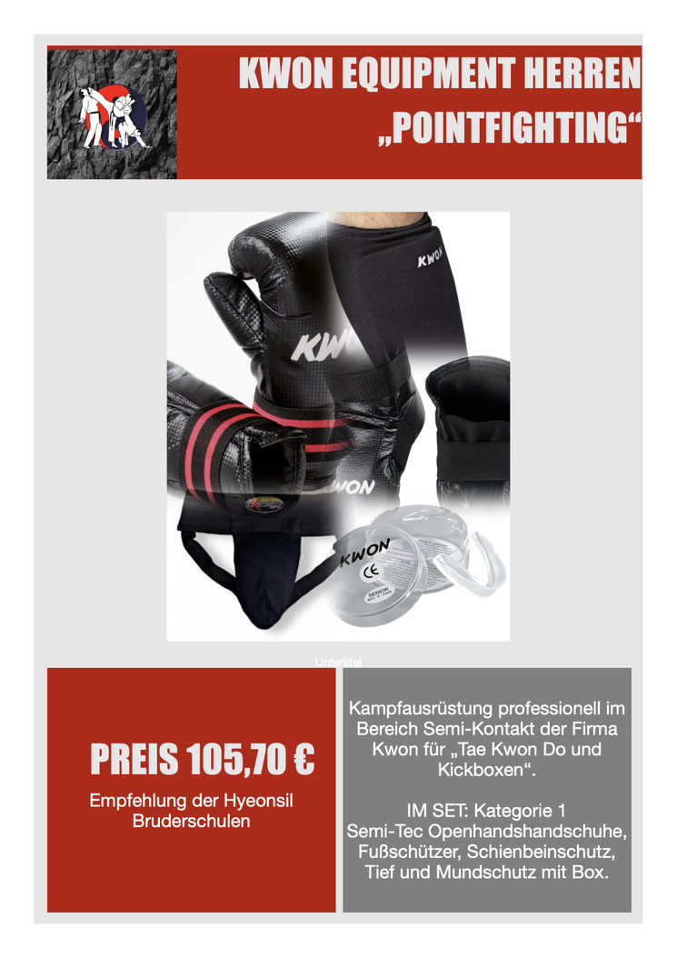 Kampfausrüstung professionell im Bereich Semi-Kontakt der Firma Kwon für „Tae Kwon Do und Kickboxen". IM SET: Kategorie 1 Semi-Tec Openhandshandschuhe, Fußschützer, Schienbeinschutz, Tief und Mundschutz mit Box.