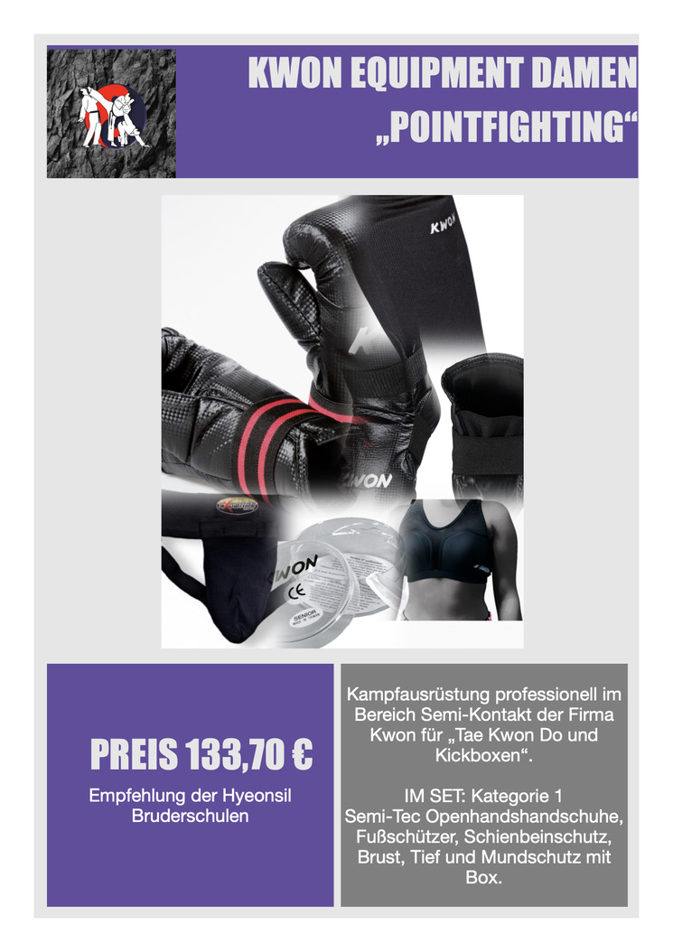 4x Kampfausrüstung professionell im Bereich Semi-Kontakt der Firma Kwon für „Tae Kwon Do und Kickboxen". IM SET: Kategorie 1 Semi-Tec Openhandshandschuhe, Fußschützer, Schienbeinschutz, Brust, Tief und Mundschutz mit Box.