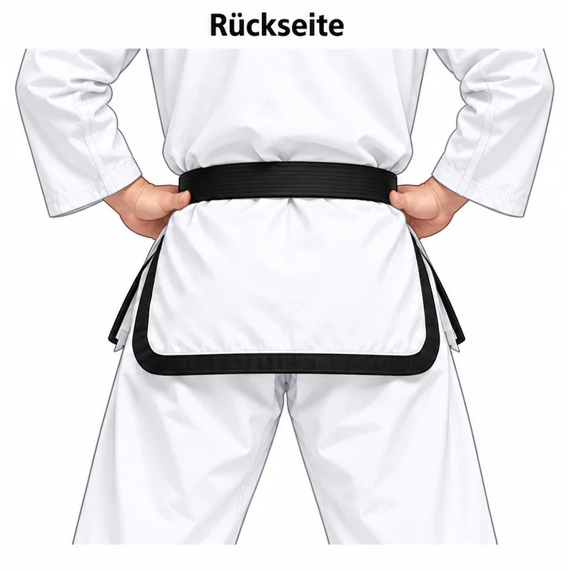 Traditioneller weißer Tae-Kwon-Do-Dobok mit sauber geführtem schwarzem Gürtel – Rückansicht